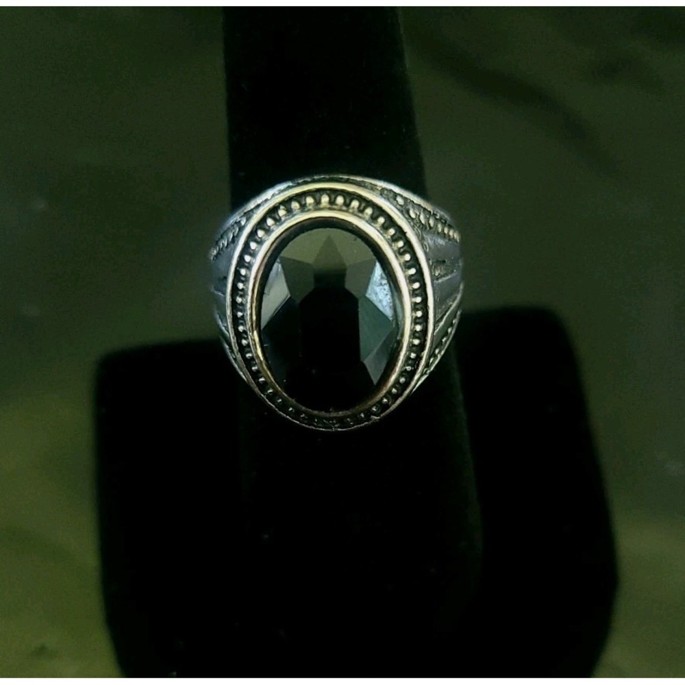 Art Deco Revival Black Faceted Stone Ring Size 7.75 Silver Tone Gothic